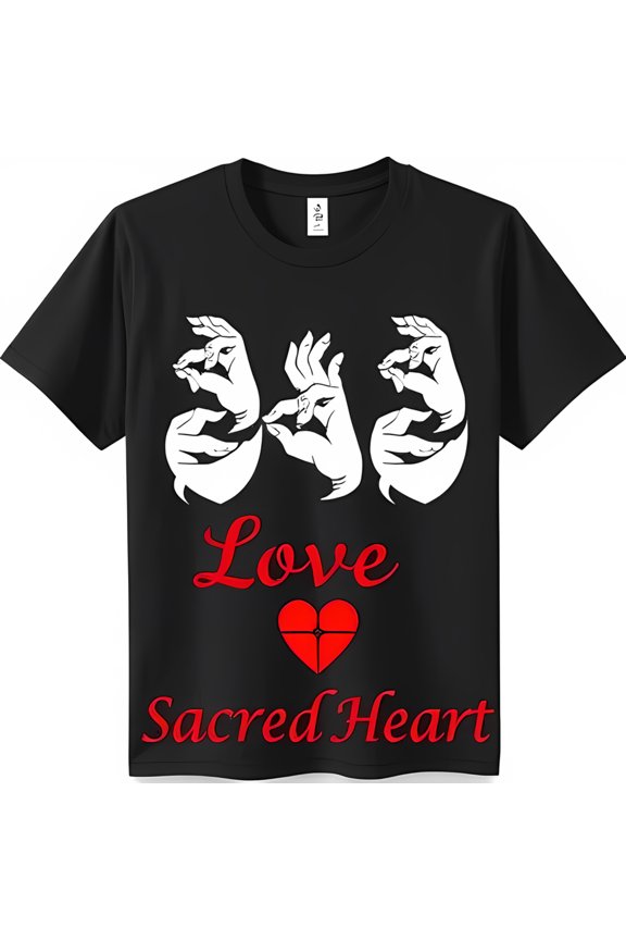 Black T-Shirt with ASL 'Love' Hands Graphic Cursive Red Font & Heart Design