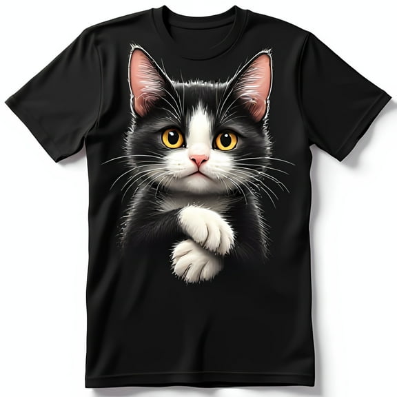 Black T-Shirt with Adorable Black and White Cat Design Cute Cat with Yellow Eyes
