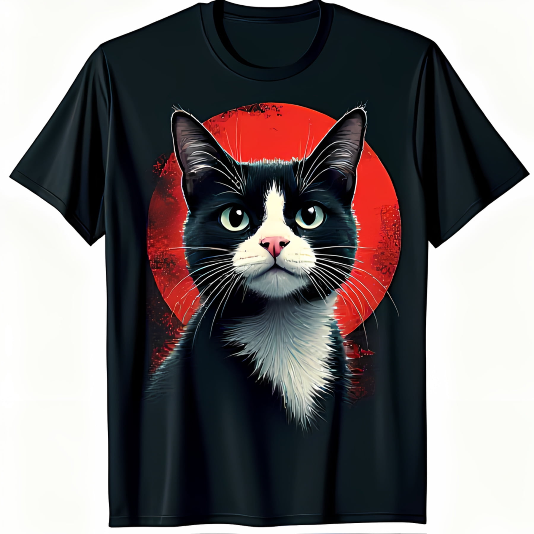Black T-Shirt with Adorable Black and White Cat Design & Red Sun/Moon ...