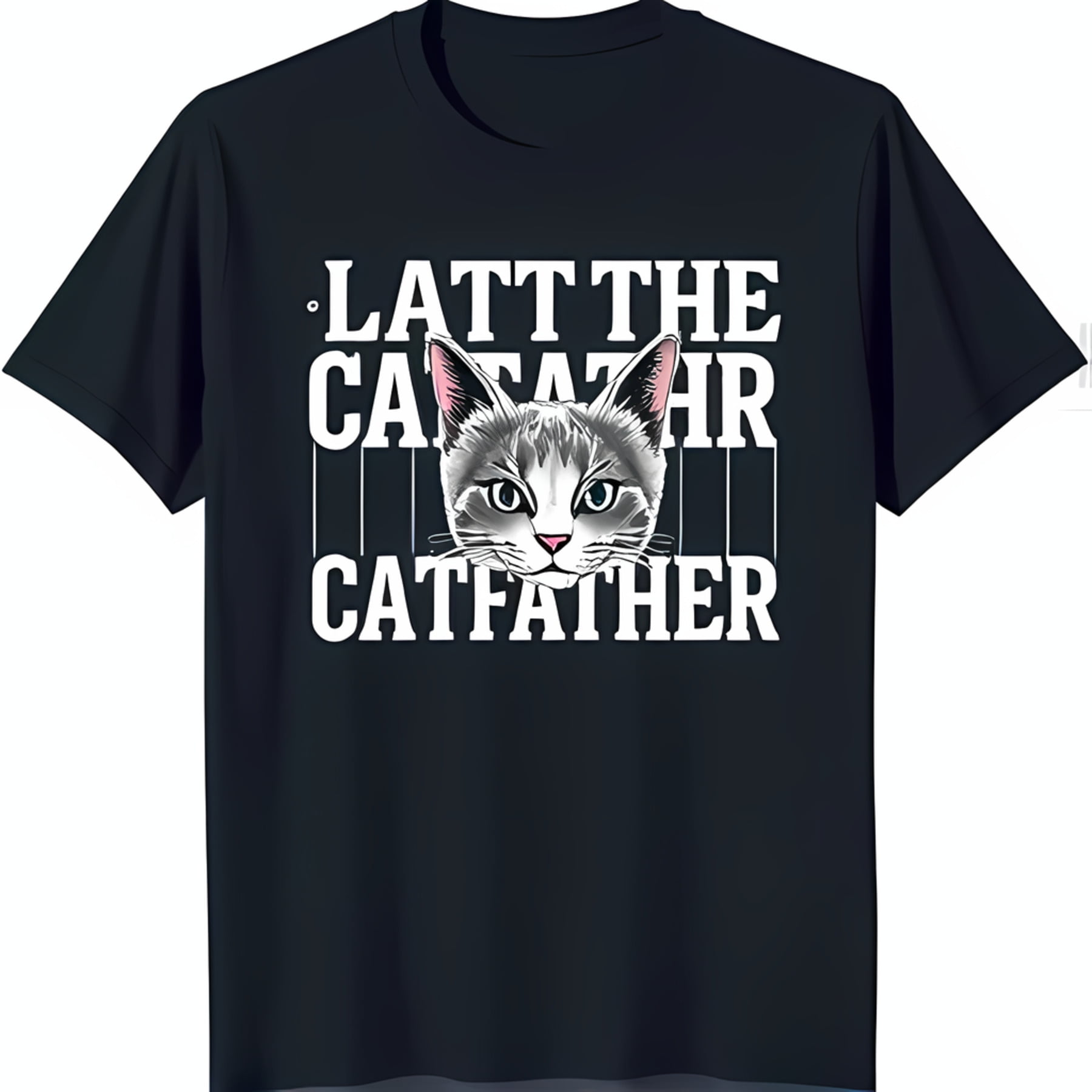Black TShirt with Adorable Gray and White Cat Face 'Latt The Catfather