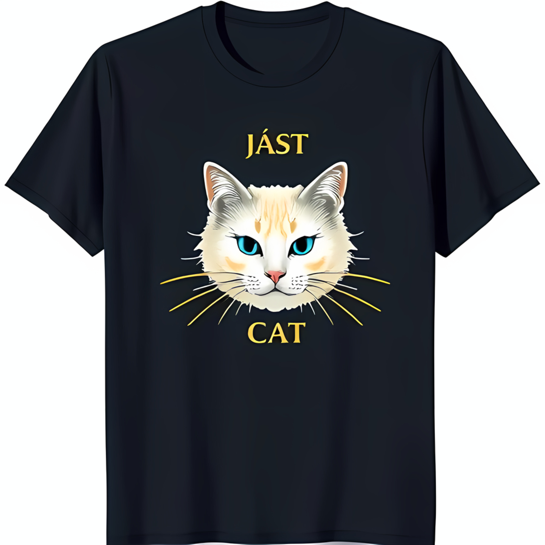 Black TShirt with Adorable White Cat Face Blue Eyes & Pink Nose 'JÁST