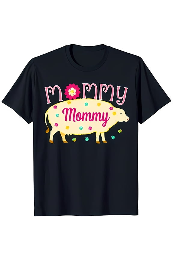 Black T-Shirt with Adorable White Sheep and Floral Design 'Mommy Mommy' Print