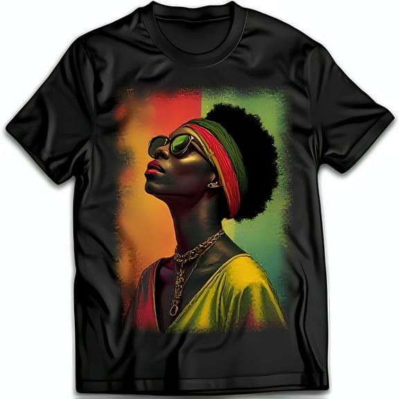 Black T-Shirt with Afro Woman Graphic Jamaican & Colorful Dress