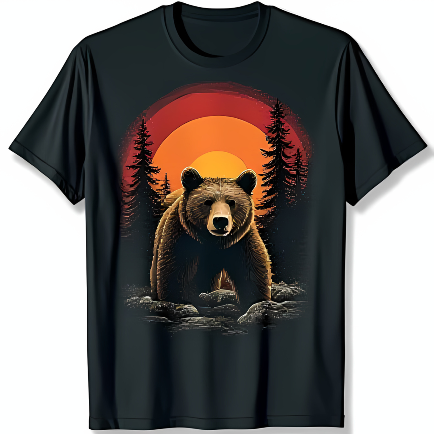 Black TShirt with Against Fiery Sunset & Pine Trees