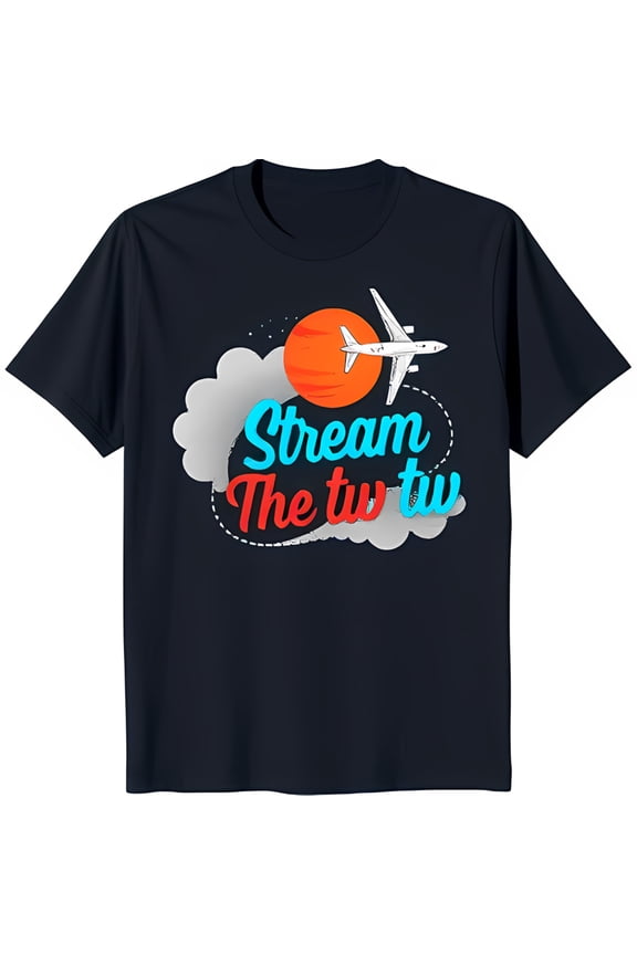 Black T-Shirt with Airplane Design Over Circle and Clouds 'Stream the ' Graphic Tee