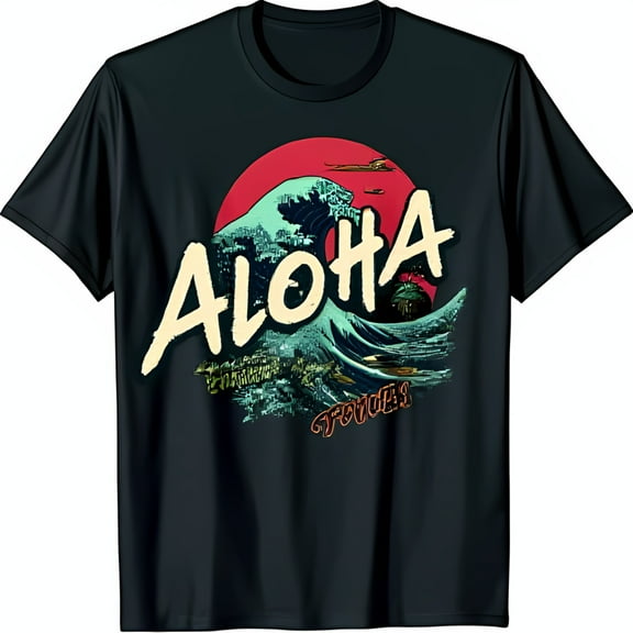 Black T-Shirt with Aloha Wave Graphic and Red Sun Forever Design