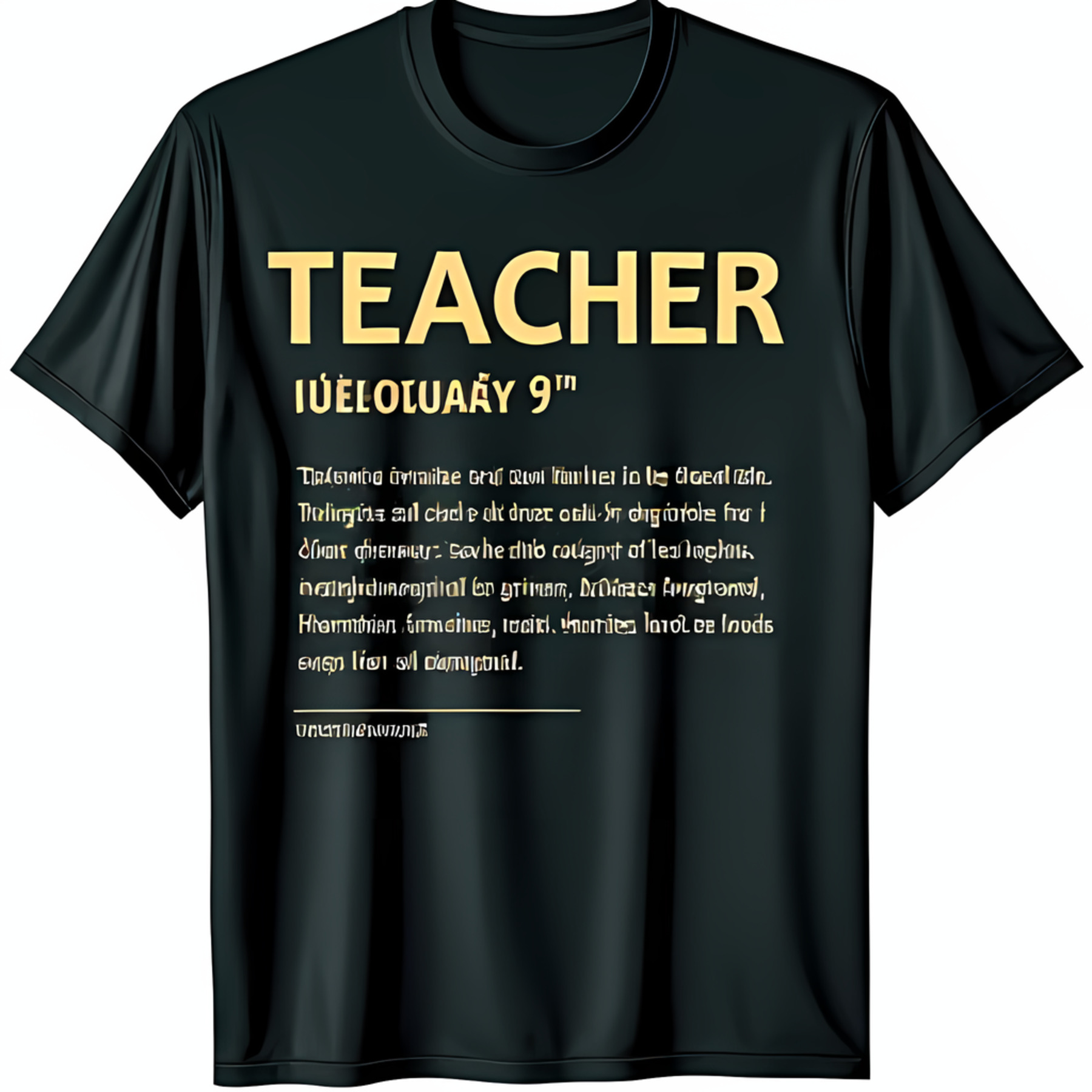 Black TShirt with Ancient Font Definition of 'Teacher' in Gold Inscription