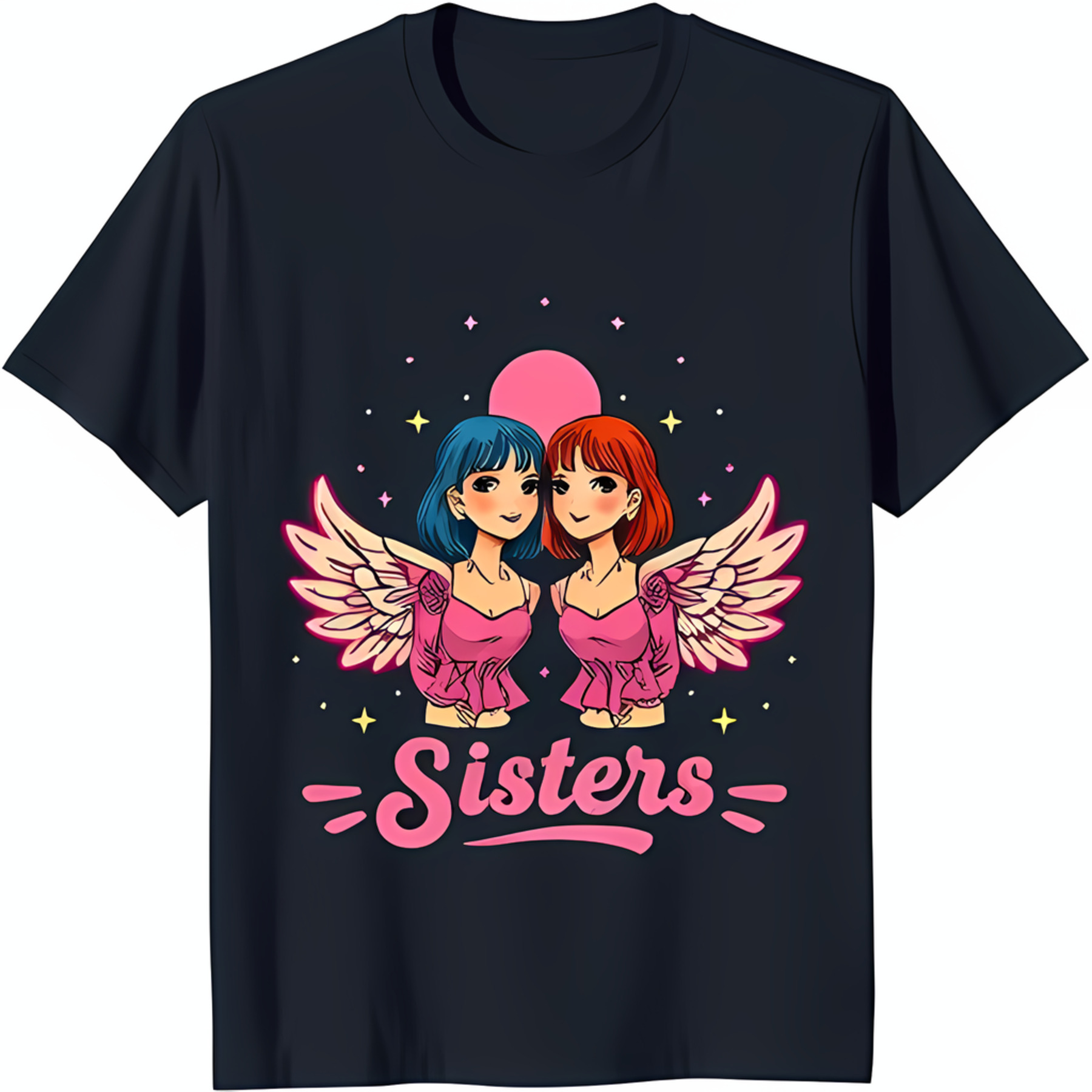 Black TShirt with Anime Sisters Graphic Pink Wings & Full Moon Design