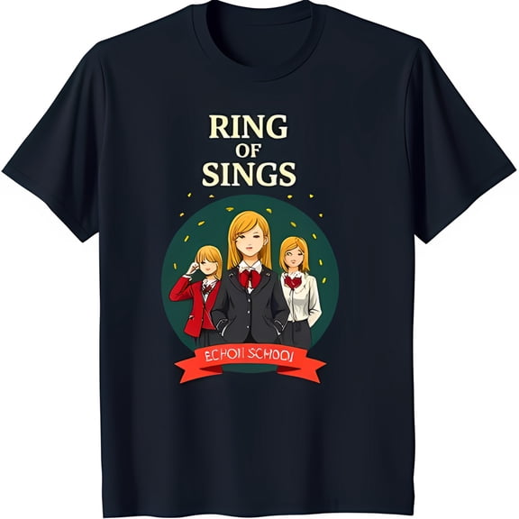 Black T-Shirt with Anime in School Uniforms 'Ring of Sings' Design