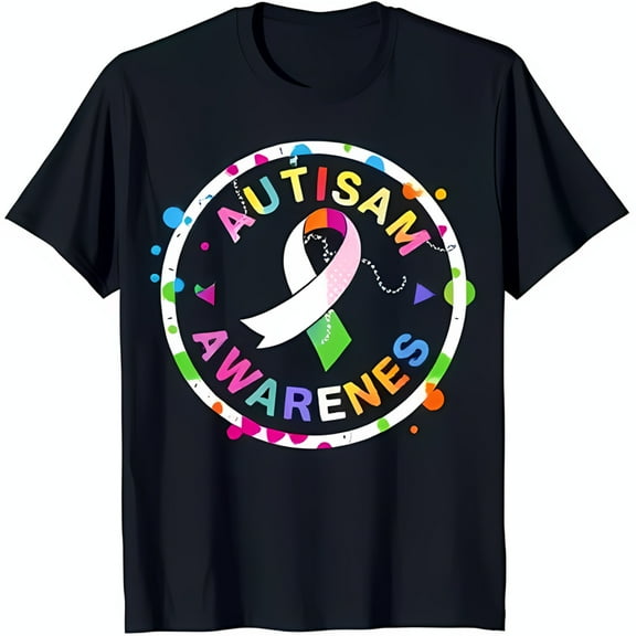 Black T-Shirt with Awareness Graphic & Colorful Ribbon Design