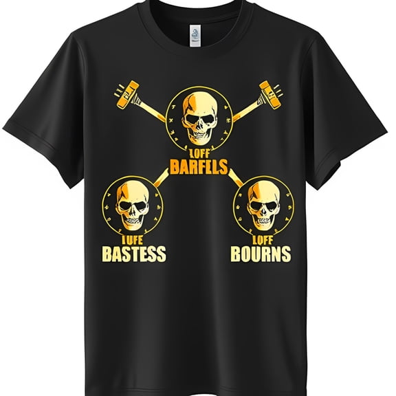 Black T-Shirt with Barbell Graphic 'LOFF BARFLS LOFF BASTESS LOFF BOURNS' Design
