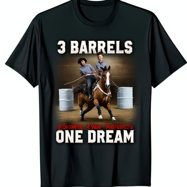 Black TShirt with Barrel Racing Graphic Two Women Bay Horse & 3 One