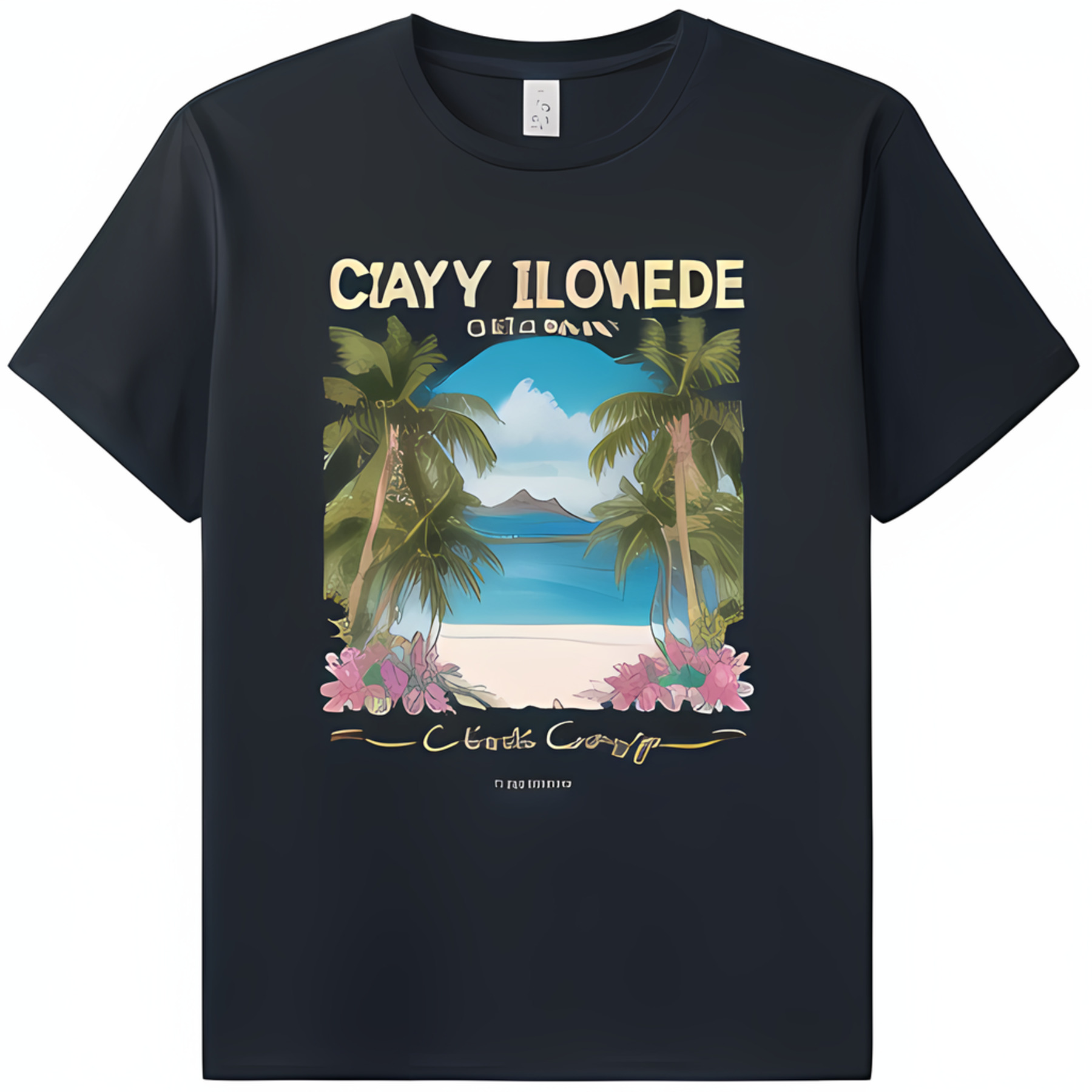 Black TShirt with Beach Scene Graphic Trees Ocean and Floral Design