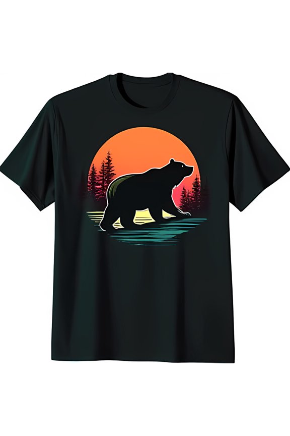 Black T-Shirt with Bear Graphic Over Sunset & Water Design