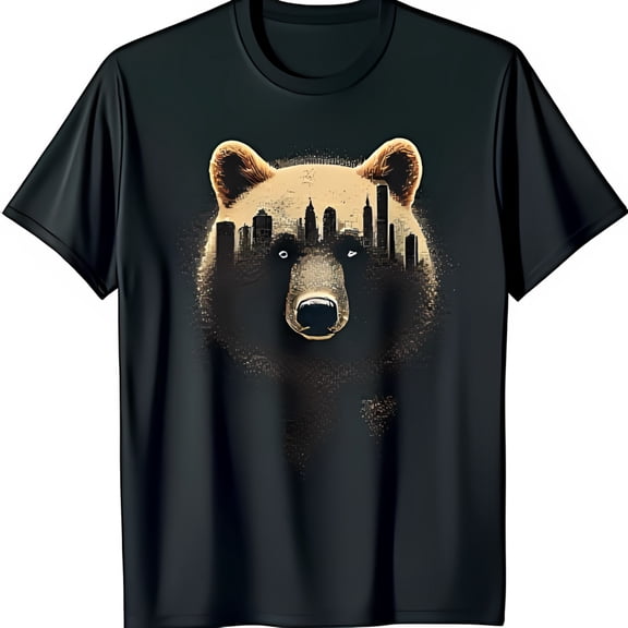 Black T-Shirt with Bear Head & Cityscape Design Unique Graphic Tee