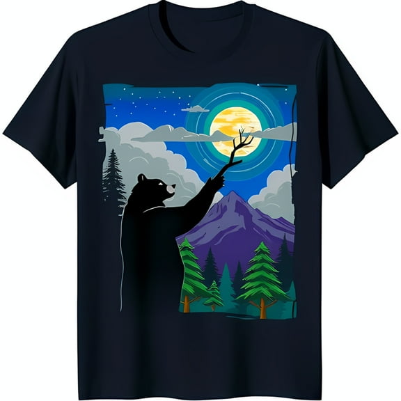 Black T-Shirt with Bear Reaching for Branch Under Moonlit Night Sky