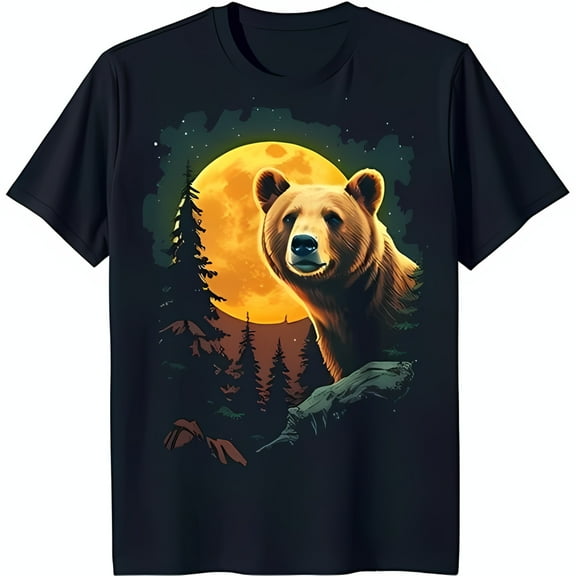 Black T-Shirt with Bear and Full Moon Design Nature Lover's Camping Tee