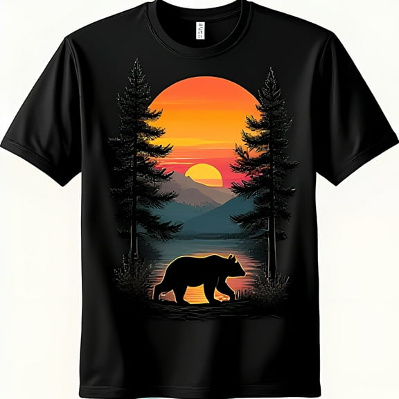 Black T-Shirt with Bear and Sunset Landscape Graphic