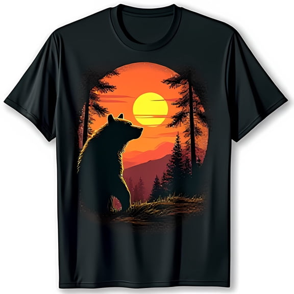 Black T-Shirt with Bear and Sunset Scene Nature Graphic Tee for Lovers
