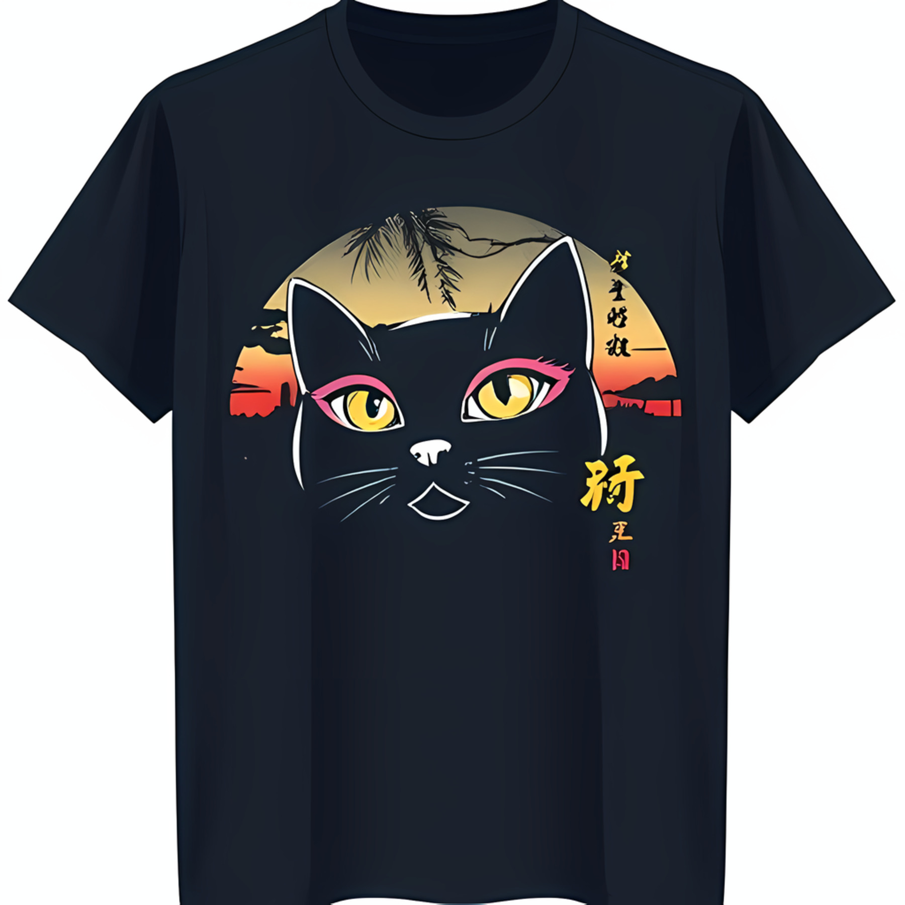 Black TShirt with Black Cat Design Against Sunset Pink Eyelids