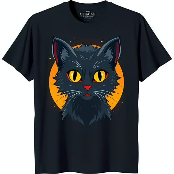 Black T-Shirt with Black Cat Design Yellow Eyes & Red Nose 'The Cattitude' Graphic Tee with Stars