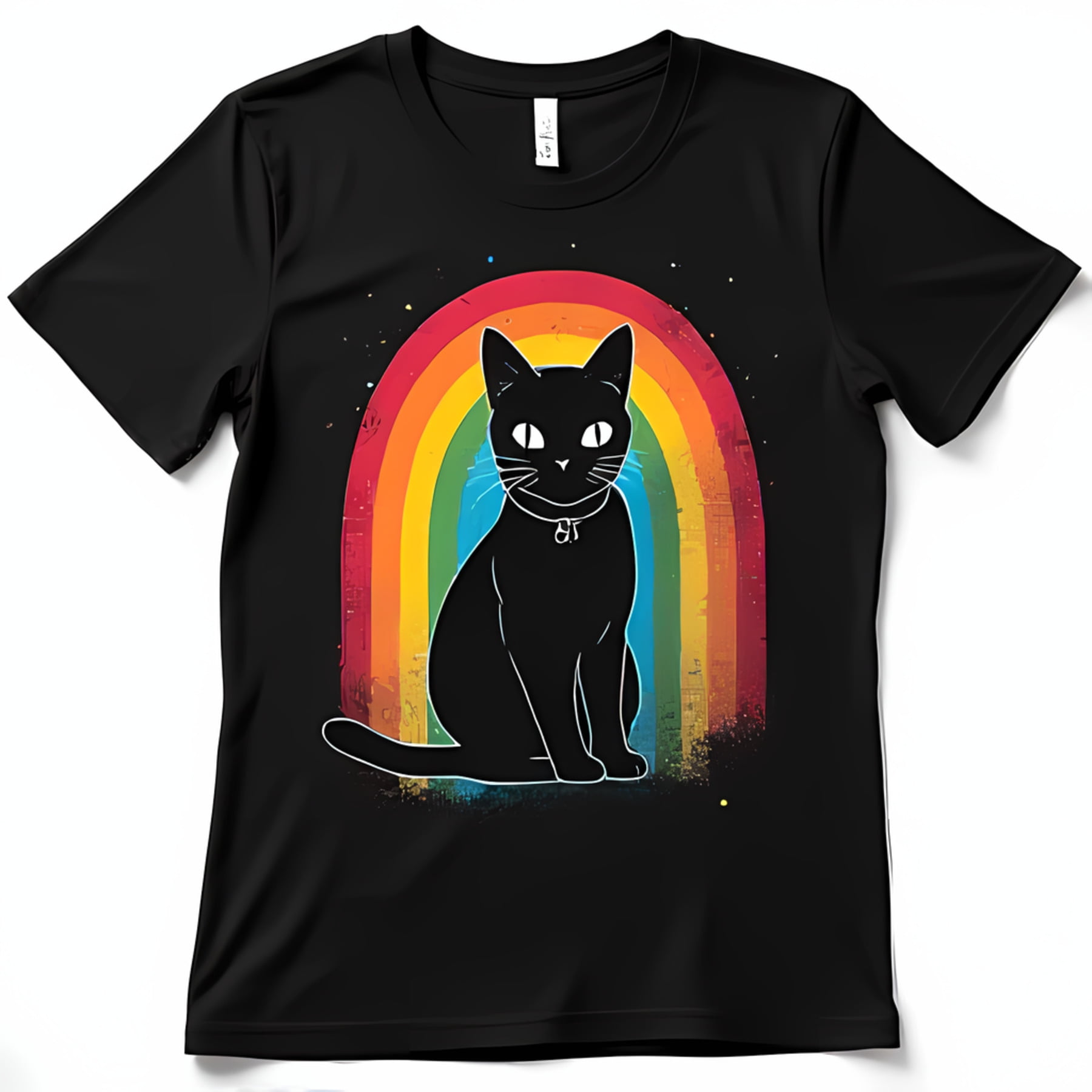 Black TShirt with Black Cat in White Collar Sitting on Rainbow Cute