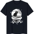 thumbnail image 1 of Black T-Shirt with Black Cat on Book Under Full Moon & Flowers Design, 1 of 5