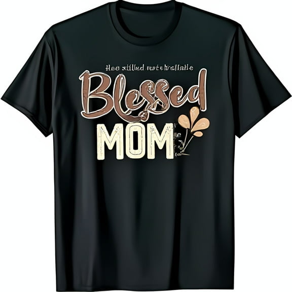 Black T-Shirt with Blessed Mom Graphic Brown & White Design Floral Accent