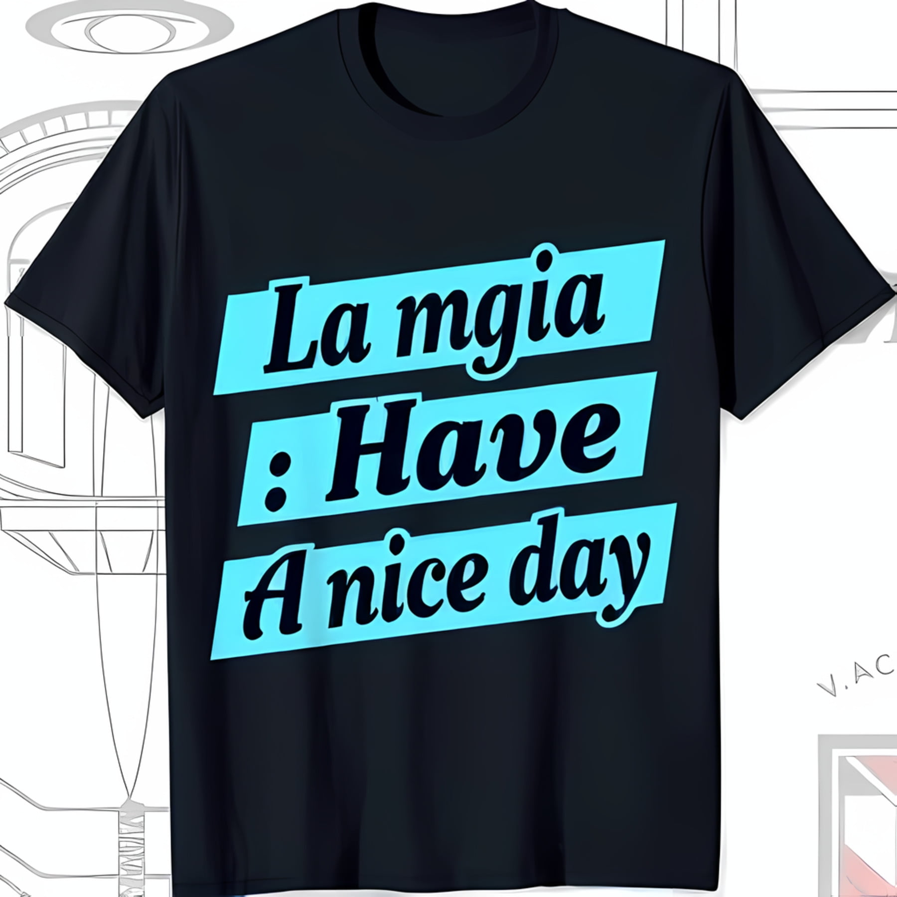 Black TShirt with Blue Box Font ' mgia Have A Nice Day' Design