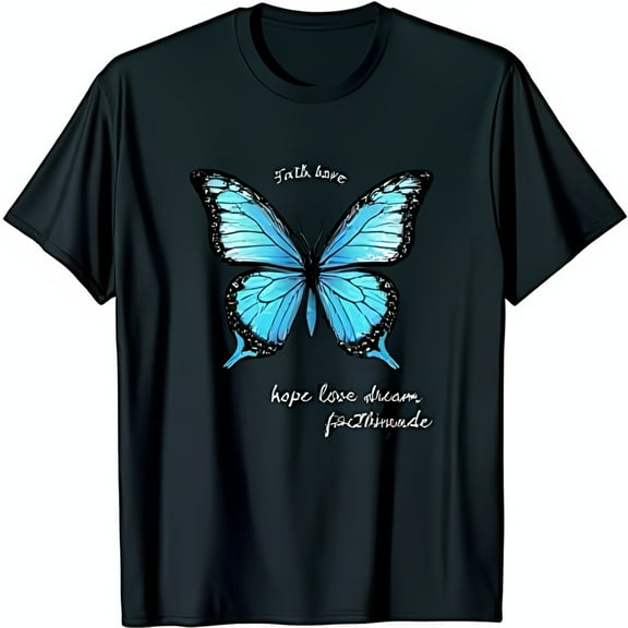 Black T-Shirt with Blue Butterfly Design Hope Love Dream Faith Made Graphic Tee