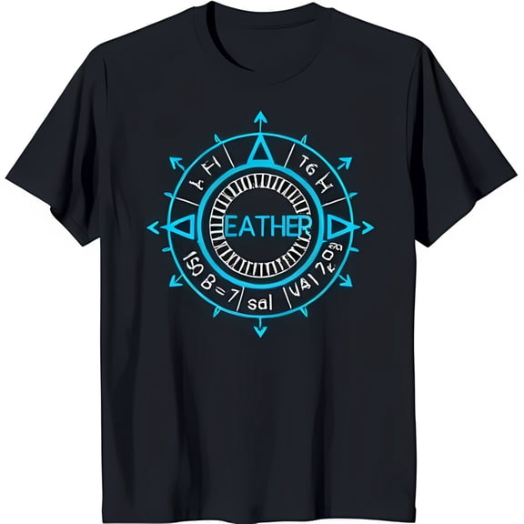 Black T-Shirt with Blue Circular Design & 'EATHER' Print Mysterious Graphic Tee