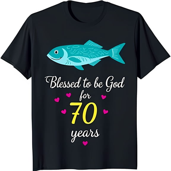 Black T-Shirt with Blue Fish Graphic White Eyes & Pink Mouth 70 Years Blessed Design