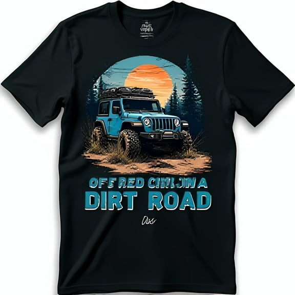 Black T-Shirt with Blue Graphic Off Road Adventure Design