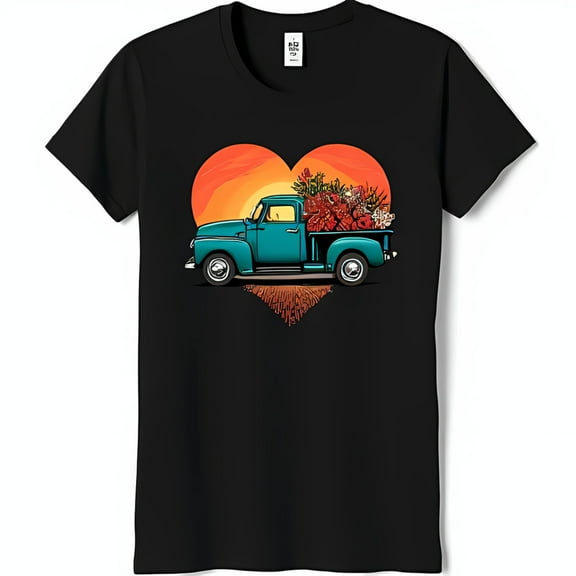 Black T-Shirt with Blue Pickup Truck Driving Through Sunset Heart Design