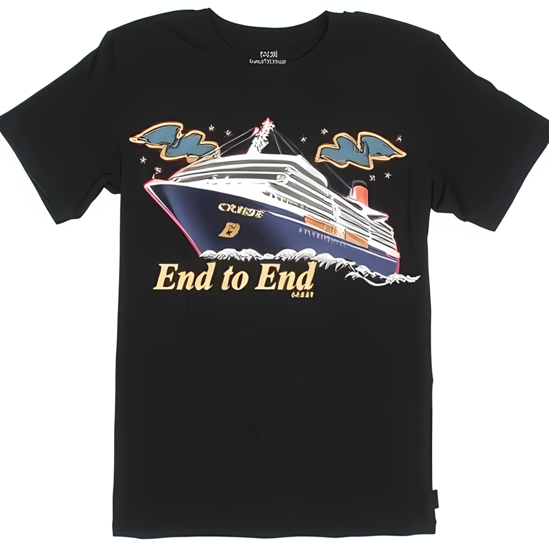 Black T-Shirt with Blue and White Cruise Ship Graphic 'End to End