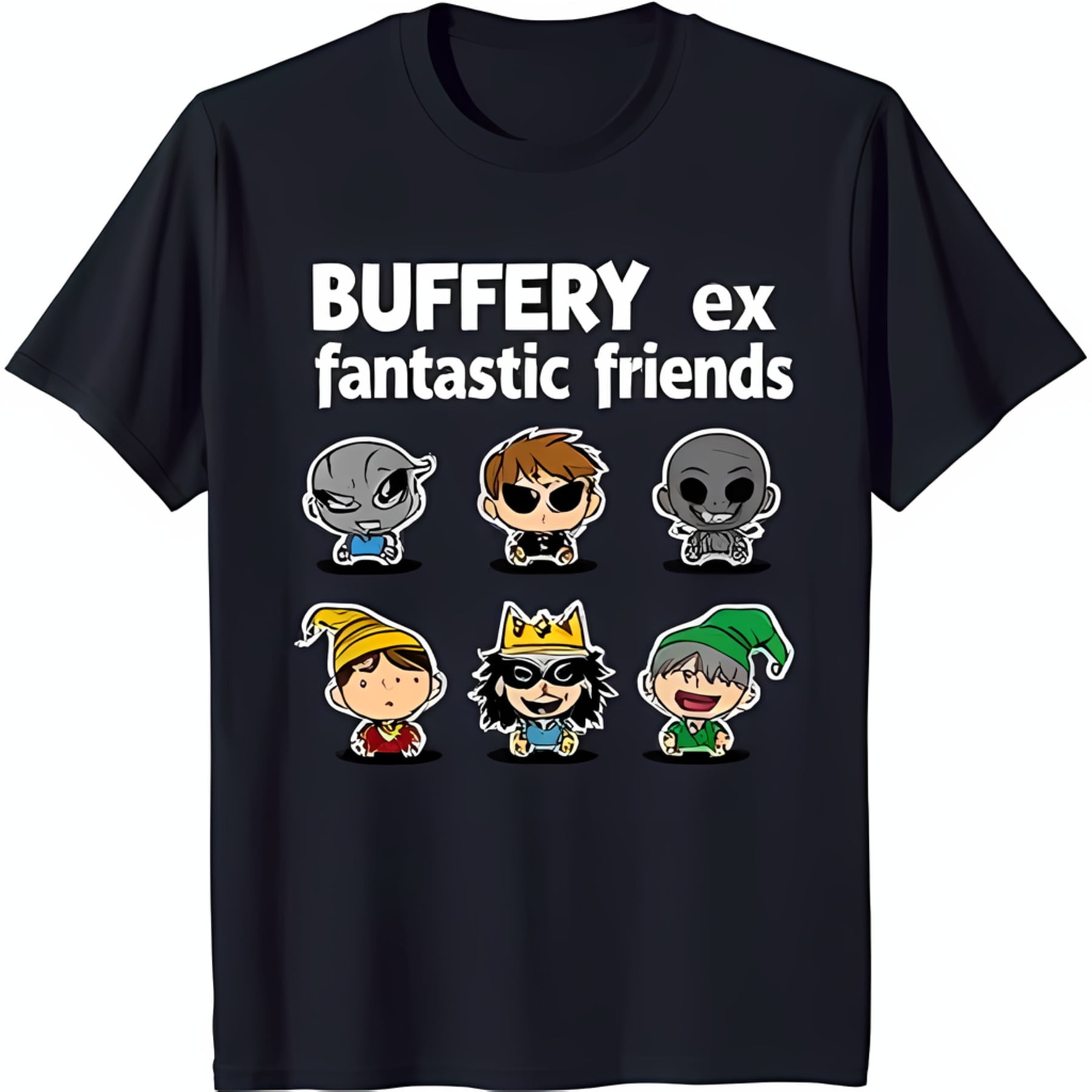 Black TShirt with Bold 'BUFFERY ex Fantastic Friends' Graphic & 7