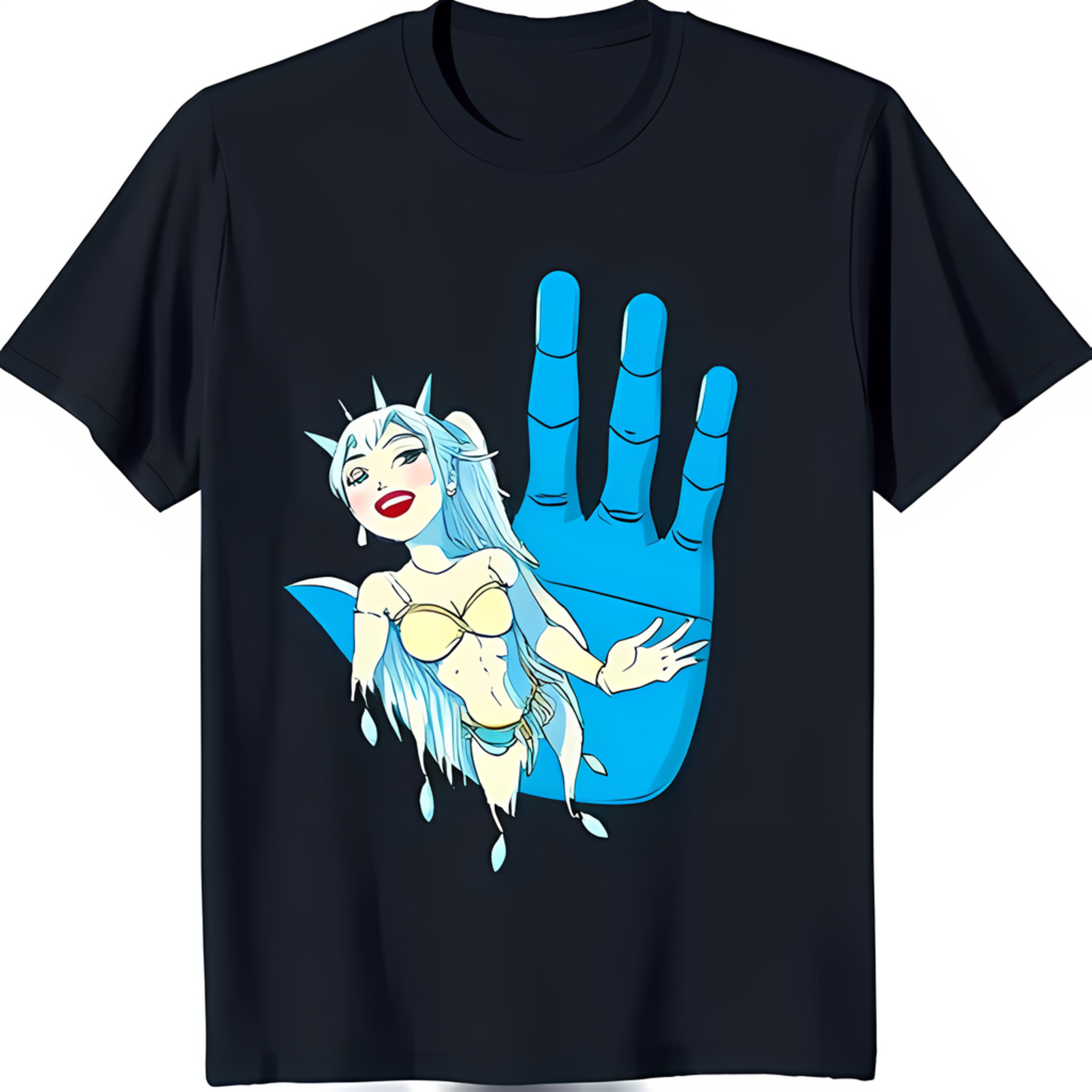 Black TShirt with Bold Blue Hand Design and White Character Print