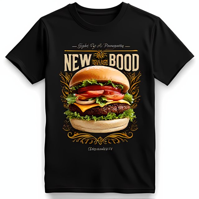 Black TShirt with Bold Burger Graphic and New in Gold Letters