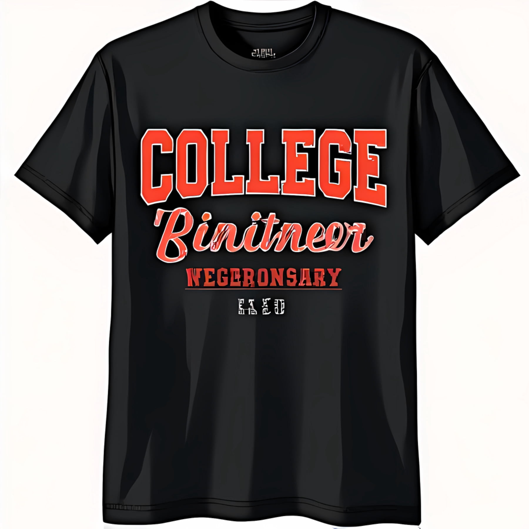 College Script Black T-Shirt with Bold 'COLLEGE' Design and 'Binitneor' Script ...