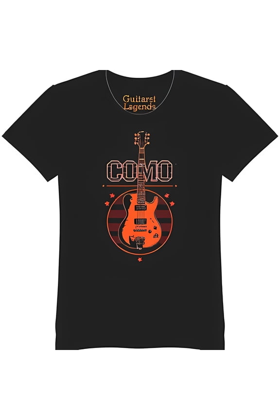 Black T-Shirt with Bold 'COMO' Graphic & Stars Guitarist Legends Design