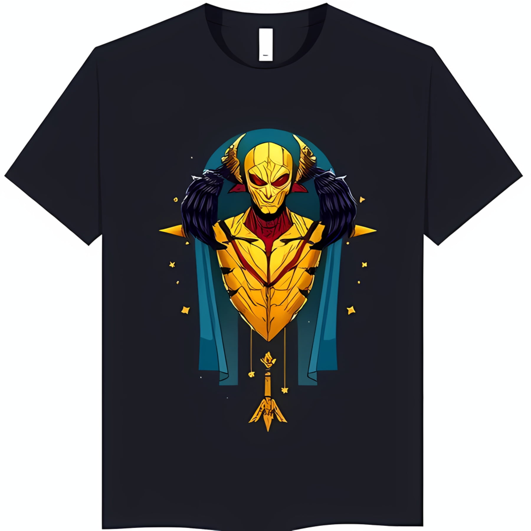Black T Shirt with Bold Character Graphic Yellow Suit Red Eyes Design Black T Shirt with Bold Character Graphic Yellow Suit Red Eyes Design