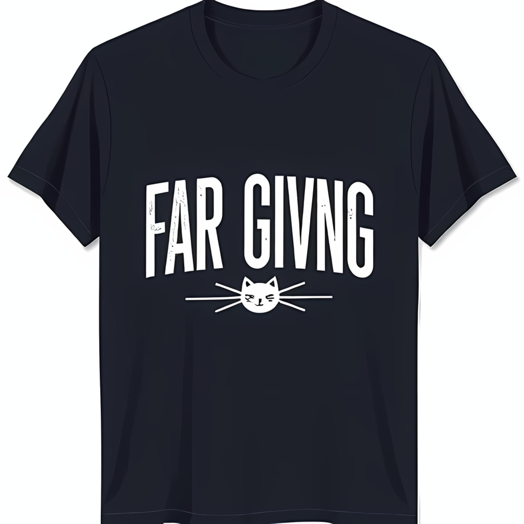Black TShirt with Bold 'FAR GIVING' Text & Cat Face Outline Design
