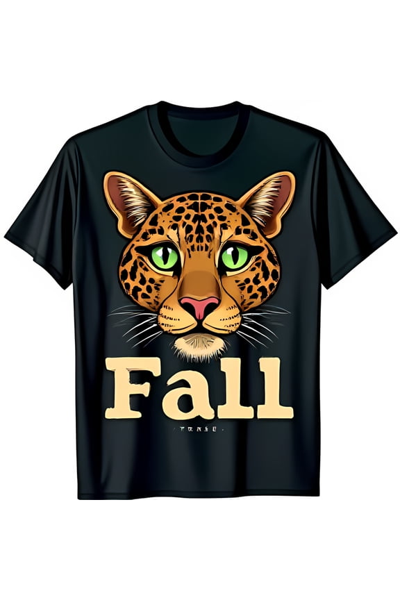 Black T-Shirt with Bold Face Print and Fall Text Casual Animal Print Tee