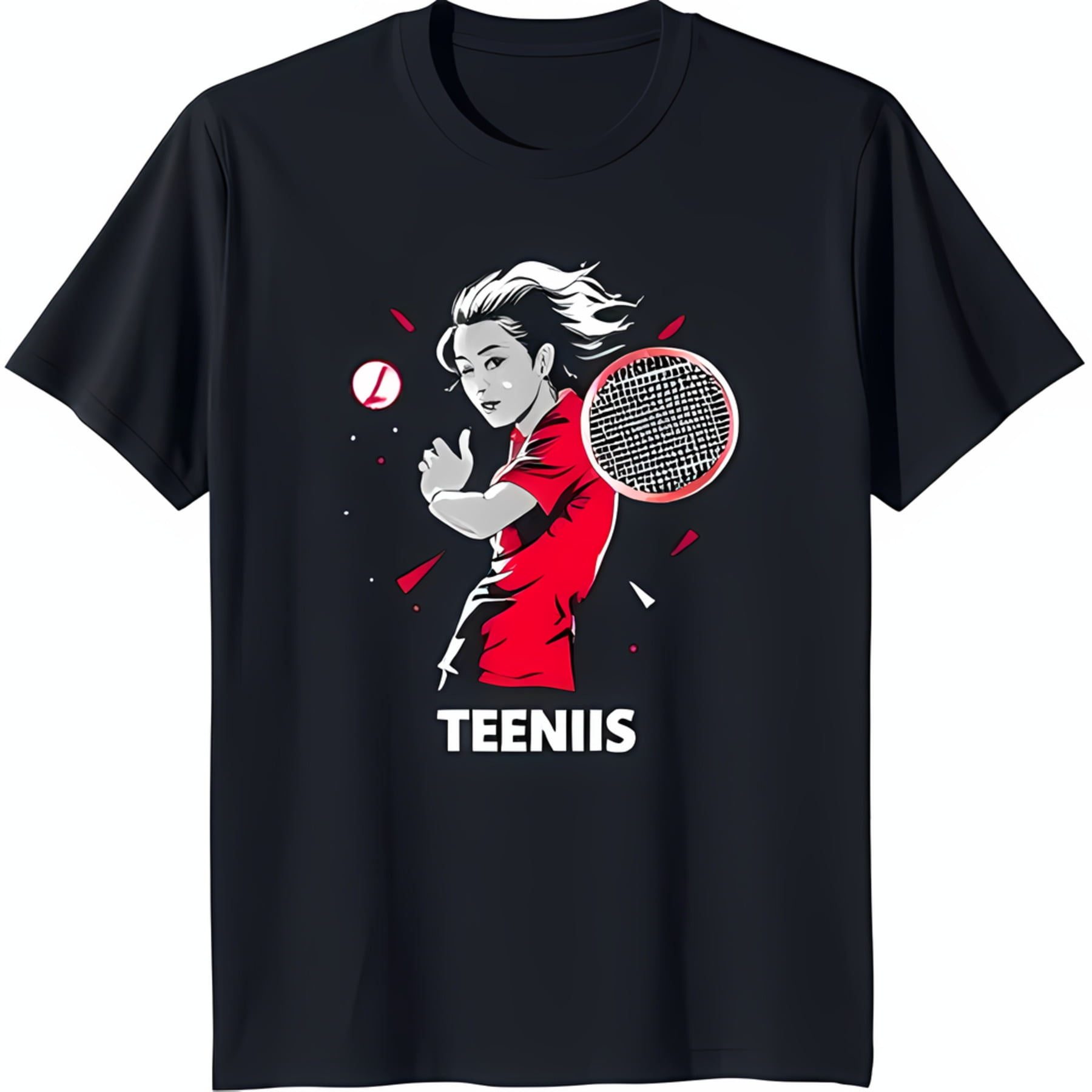 Black TShirt with Bold Female Tennis Player Graphic & 'TEENIIS' Text