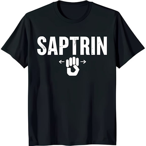 Black T-Shirt with Bold Fist Graphic and Arrows 'SAPTRIN' Design