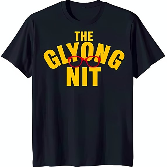 Black T-Shirt with Bold 'Glyong Nit' Graphic & Playful Red Glasses Design