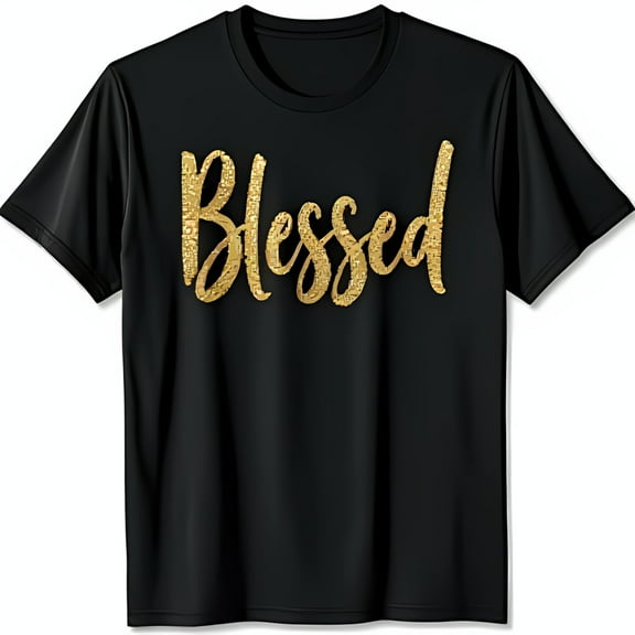 Black T-Shirt with Bold Gold Glitter Blessed Design Casual Style