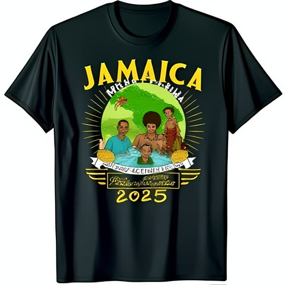 Black T-Shirt with Bold Gold Jamaica Design Cartoon Globe & History in the Making 2025