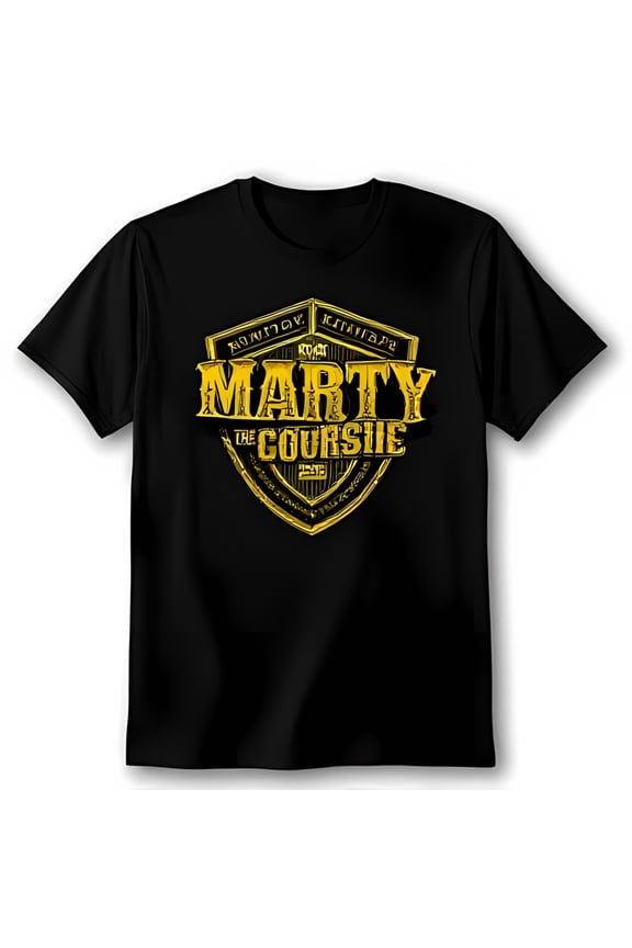 Black T-Shirt with Bold Gold Marty the Coursie Design