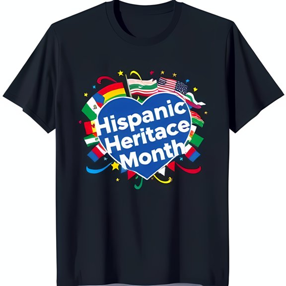 Black T-Shirt with Bold Graphic Celebrating Hispanic Heritage Month Blue Heart & Colorful Design